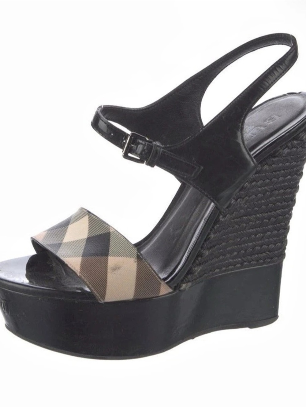 Burberry Nova Check Patent Leather Espadrille Wedge Sandals